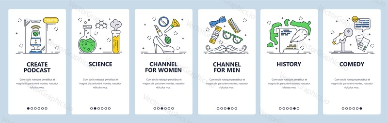 Create science, history, comedy podcasts. Channels for women and men. Mobile app onboarding screens. Vector banner template for website and mobile development. Web site design illustration
