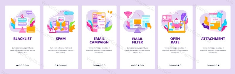 Email campaign, email blacklist and filter, spam check, attachment. Mobile app onboarding screens. Vector banner template for website and mobile development. Web site design illustration.