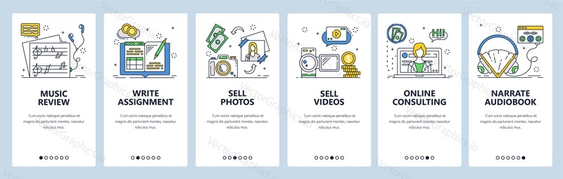 Freelance and remote online work from home office. Jobs for remote workers. Mobile app onboarding screens. Vector banner template for website and mobile development. Web site design illustration.