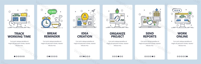 Working time tracking app. Organize project, track work hours, share reports break reminder. Mobile app screens. Vector banner template for website and mobile development. Web site design illustration