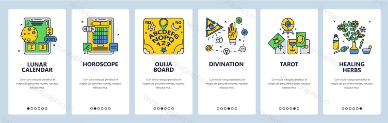 Mystery of horoscope, ouija board, divination, tarot cards reading, healing herbs. Mobile app onboarding screens Vector banner template for website and mobile development. Web site design illustration