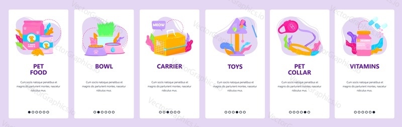 Online pet store. Pet food and supplies. Bowl, carrier, toys, collar, vitamins. Mobile app onboarding screens. Vector banner template for website and mobile development. Web site design illustration.
