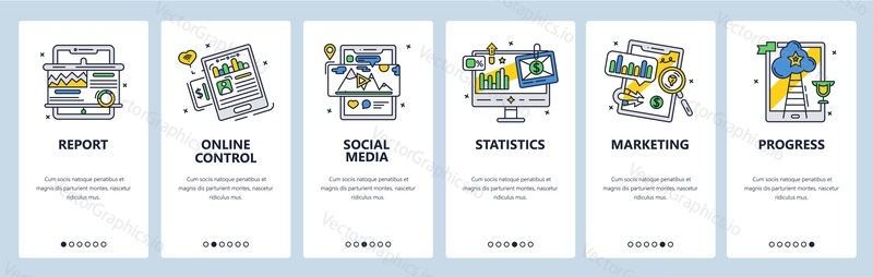Social media marketing, report, online control and statistics. Mobile app onboarding screens. Vector banner template for website and mobile development. Web site design illustration.