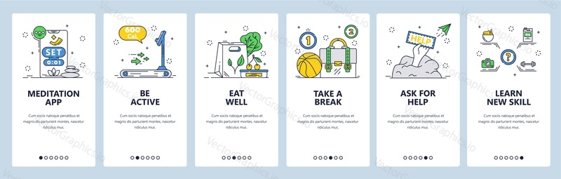 Mental health tips to deal with stress. Meditation, fitness, eating well, taking rest. Mobile app screens. Vector banner template for website and mobile development. Web site design illustration.