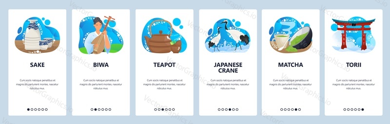 Japan website and mobile app onboarding screens. Menu banner vector template for web site and application development. Torii gate Japanese famous landmarks. Traditional cuisine, music, fauna in Japan.