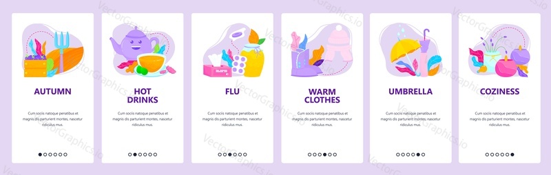 Autumn season, hot drinks, flu, warm clothes, umbrella, cozy home. Mobile app onboarding screens. Vector banner template for website and mobile development. Web site design illustration.