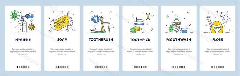 Personal hygiene website and mobile app onboarding screens. Menu banner vector template for web site and application development. Toothbrush, toothpick, mouthwash, floss, soap. Dental and hand hygiene
