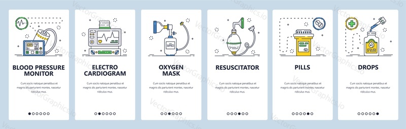 Medical instrument and devices, pharmacy online. Electrocardiogram, blood pressure monitor. Mobile app screens. Vector banner template for website and mobile development. Web site design illustration.