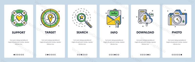 Target customer support. Search information, download file, photo. Mobile app onboarding screens. Vector banner template for website and mobile development. Web site design illustration.