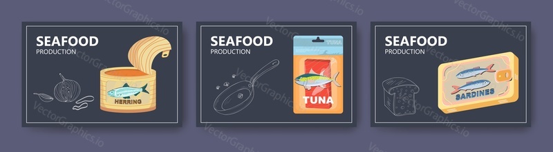 Seafood production website banner template set, vector illustration. Tuna fish steak in vacuum plastic package, canned herring, sardines. Seafood industry landing page concept.