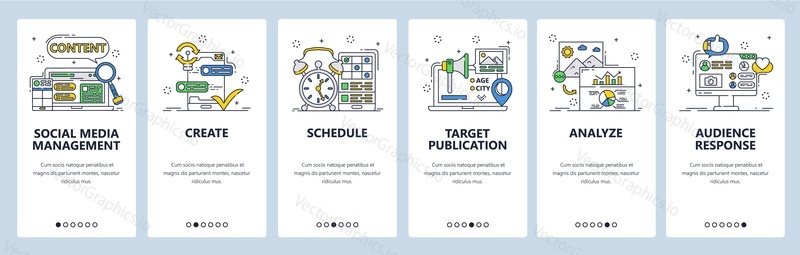 Social media management. Create, publish content on social channels, respond to comments. Mobile app screens. Vector banner template for website and mobile development. Web site design illustration.