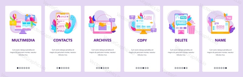 Data management, actions with file. Contacts, archives, copy, delete, name. Mobile app onboarding screens. Vector banner template for website and mobile development. Web site design illustration.