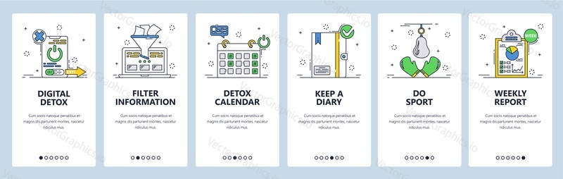 Take break from phone with digital detox app. Filter information, keep diary, do sport. Mobile app screens. Vector banner template for website and mobile development. Web site design illustration.