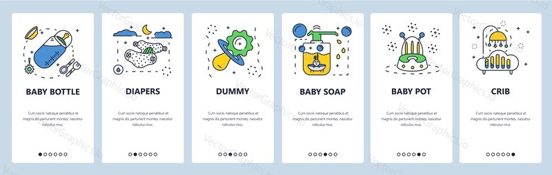 Newborn baby necessities. Baby bottle, diapers, dummy, soap, crib, pot. Mobile app onboarding screens. Vector banner template for website and mobile development. Web site design illustration.