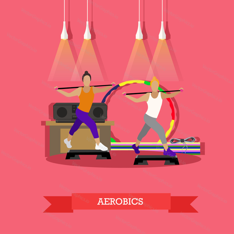 Two young girls doing aerobics to the music in fitness studio. Around sports equipment, hula Hoop, step-up platform, mats, tape recorder. Sports vector illustration in flat style design.