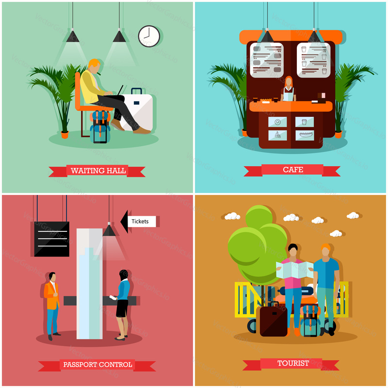 Vector set of airport concept design elements in flat style. Waiting hall, cafe, passport control, tourists after arrival. Travel by air.
