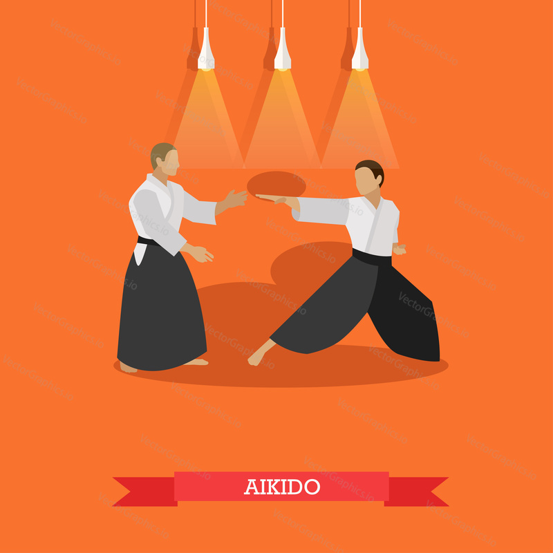 Vector poster of martial arts. Aikido. Fighters in sport positions. Flat design.
