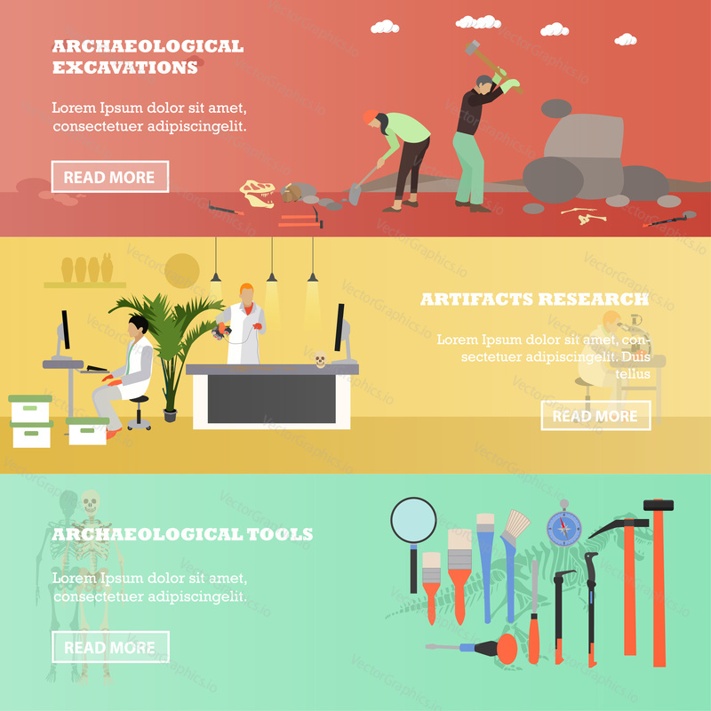 Vector set of banners with archaeologists, scientists, tools and equipment. Archaeological excavation, artifacts research concept design elements in flat style.