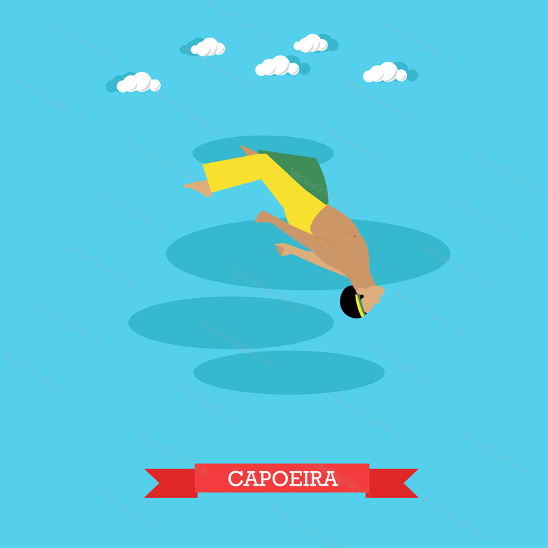 Capoeira fighter shows his skills, doing back flip in the air. Brazilian national martial art. Flat design vector illustration
