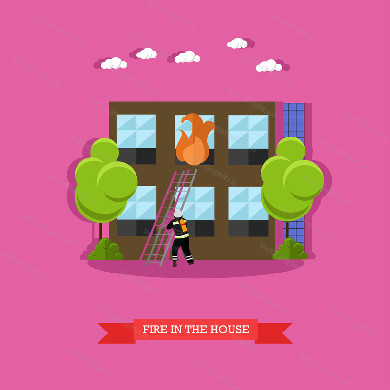 Vector illustration of fire in the house in flat style. Firefighter in uniform with extinguisher is going to climb ladder. Burning flame coming out from window