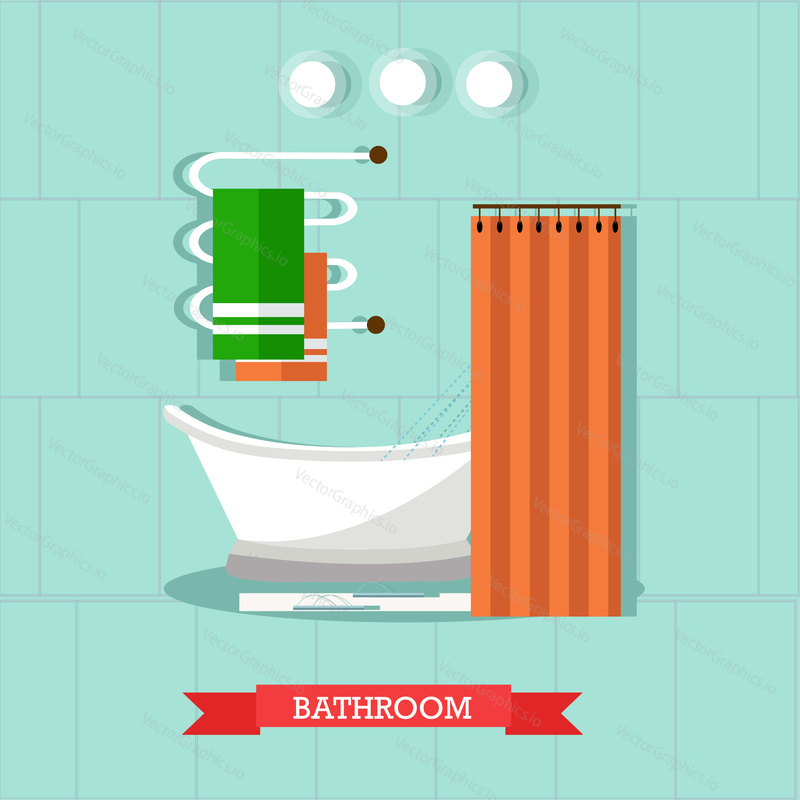 Bathroom interior with furniture. Vector illustration in flat style. Design elements, bathtub, shelves, heated towel rail.