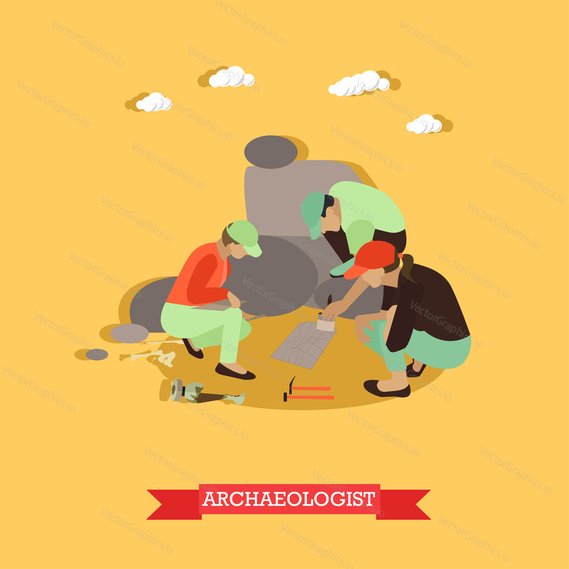Excavation concept vector illustration in flat style. Archaeologists in Egypt, remains of settlements, archaeological tools.