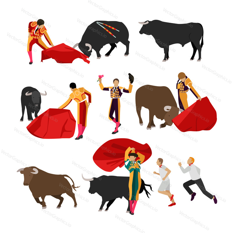 Vector bullfighting set of corrida people. Public traditional performance in Spain. Matador, bull, red cape and picador icons in flat design