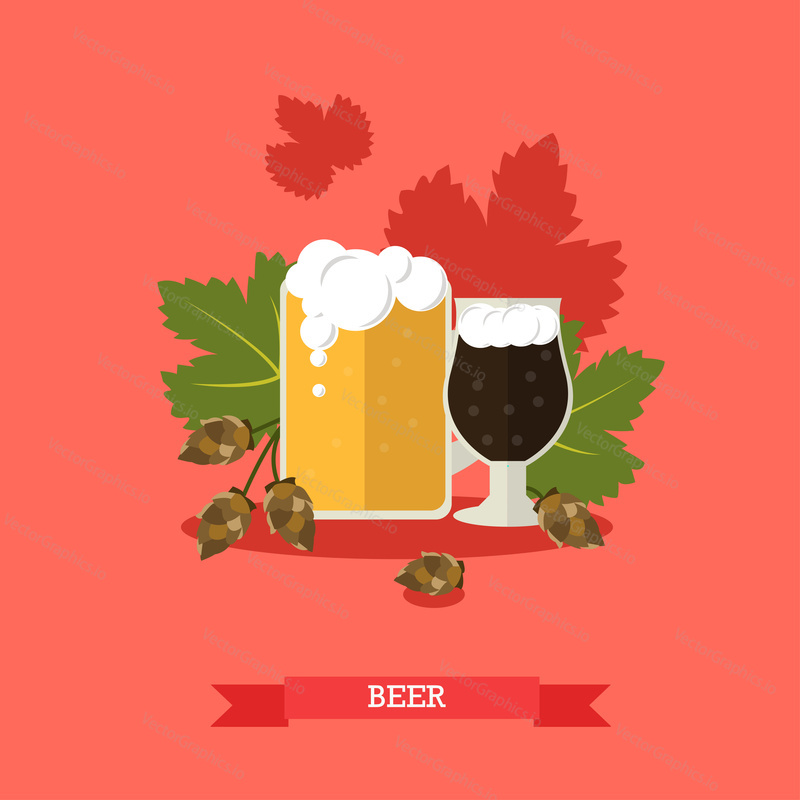 Vector illustration of beer mug and glass with main ingredient, hop cones. Light and dark beer with foam. Alcoholic beverage, popular drink. Flat design