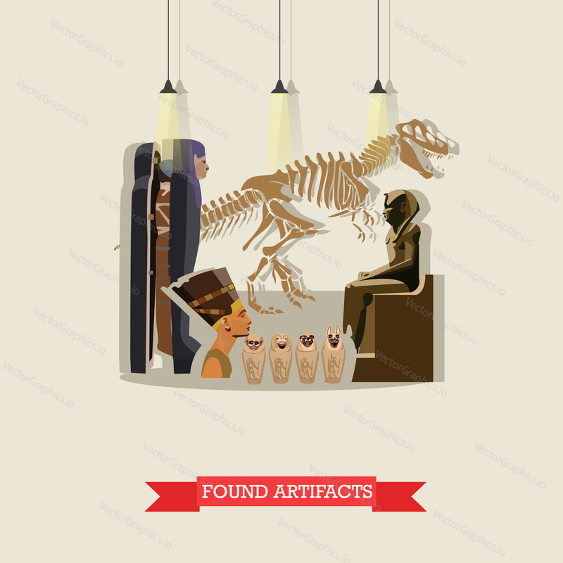 Векторная иллюстрация найденных артефактов Древнего Египта в плоском стиле. Скелет динозавра, мумии и статуи фараонов, статуэтки Ушабти, бюст Нефертити.