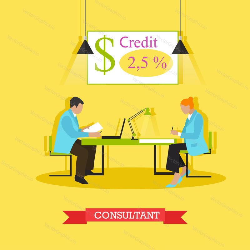 Vector illustration of consultant advising customer about bank products and operations. Signing agreement. Finance and banking concept design element in flat style