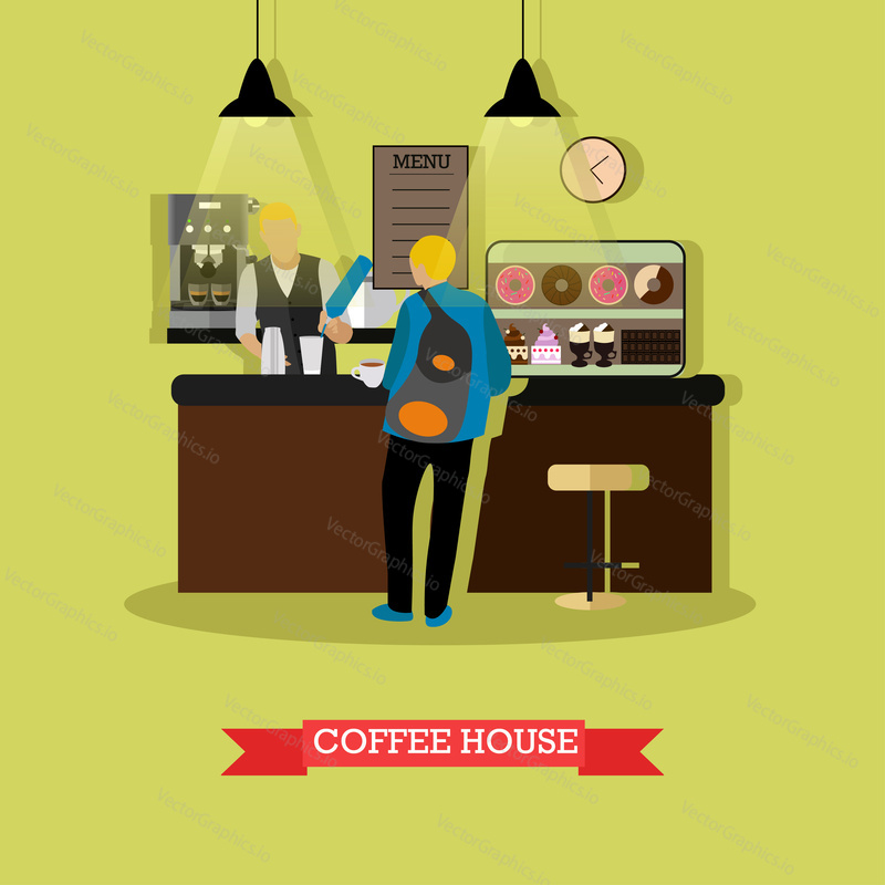 Vector illustration of coffee house design template with barista and visitor. Customer standing near bar counter. Coffee house interior in flat style.