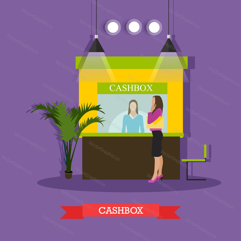 Vector illustration of bank cashbox, cashier and customer woman standing near cashbox window. Banking and finance concept design element in flat style