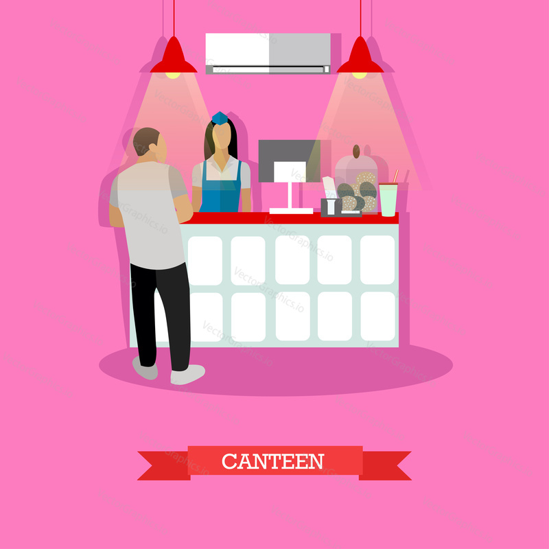 Vector illustration of canteen interior in flat style. Canteen design element with woman serving visitor man.