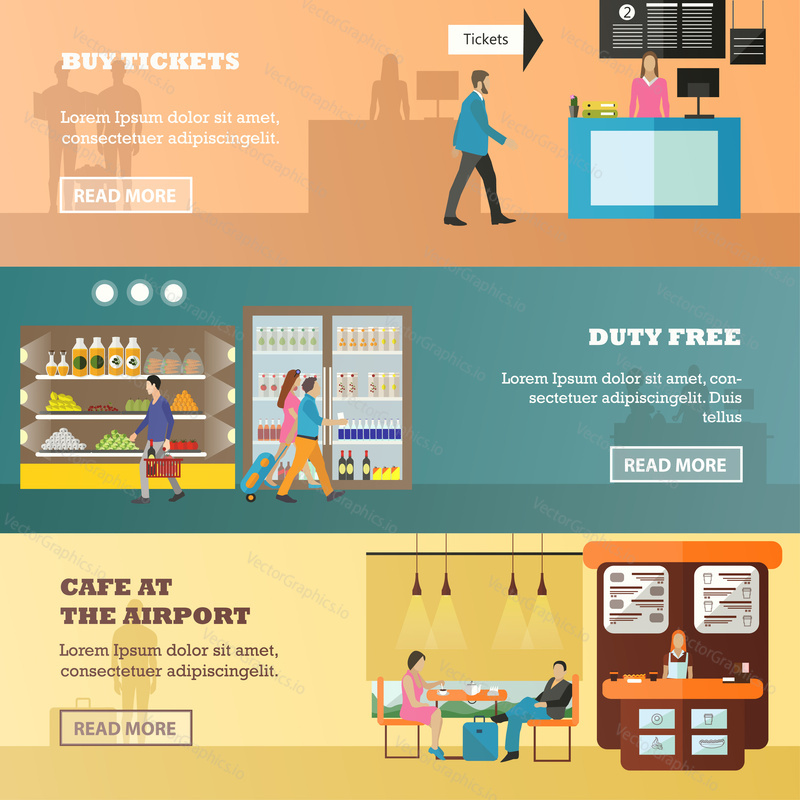 Vector set of airport concept banners in flat style. Buy tickets, Duty Free and Cafe at the airport design elements. People buying tickets, food and having rest. Travel by air.