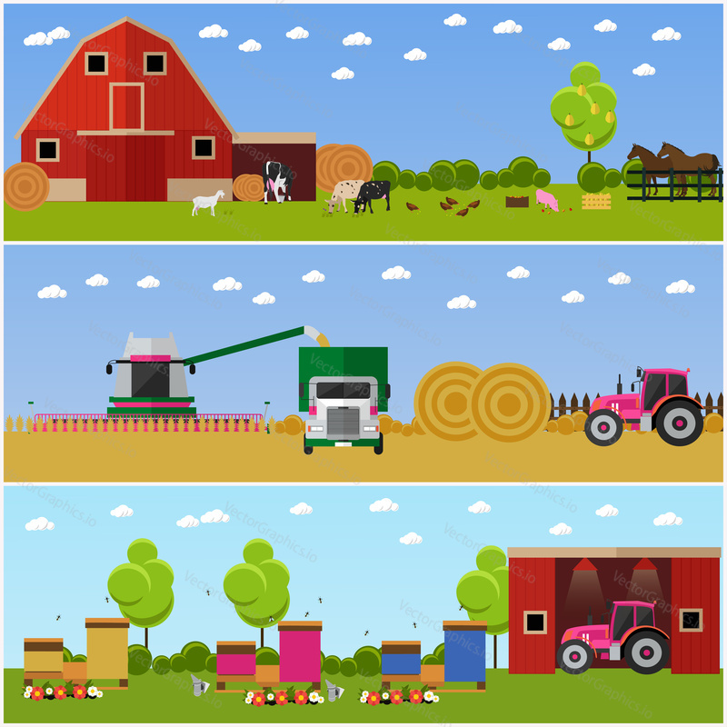 Set of farming, wheat harvesting, beekeeping concept banners. Agricultural machinery. Vector illustration in flat style.