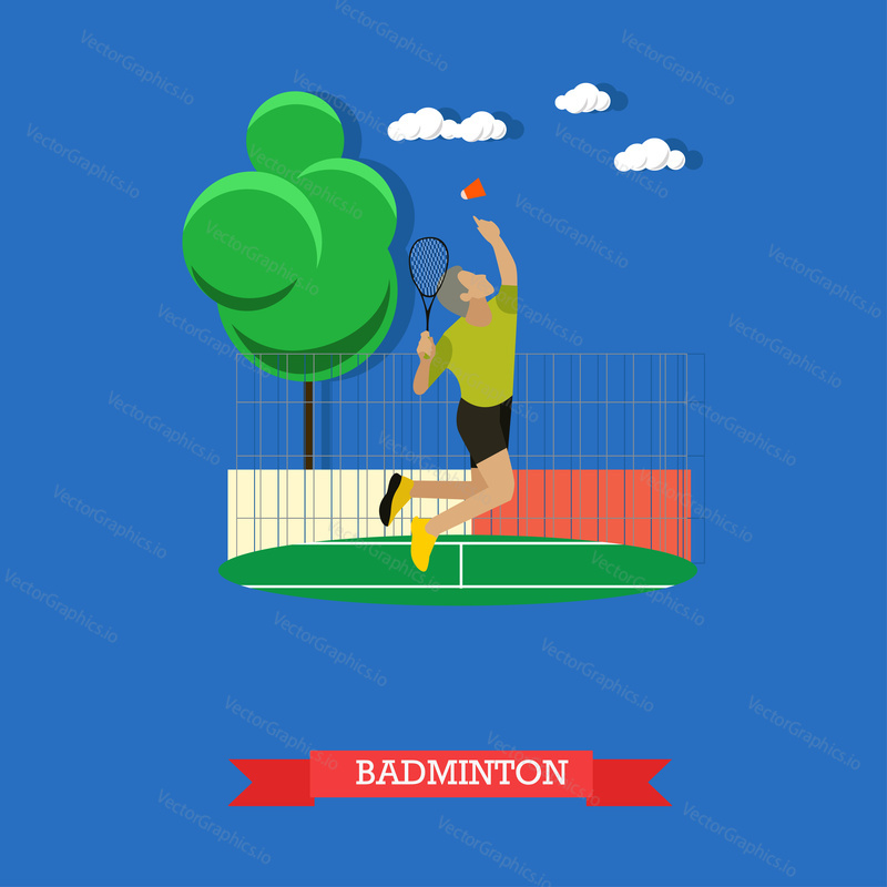 Vector illustration of male badminton player jumping and doing smash shot on the outdoor court. Sportsman trains with racket and shuttlecock outside. Flat design