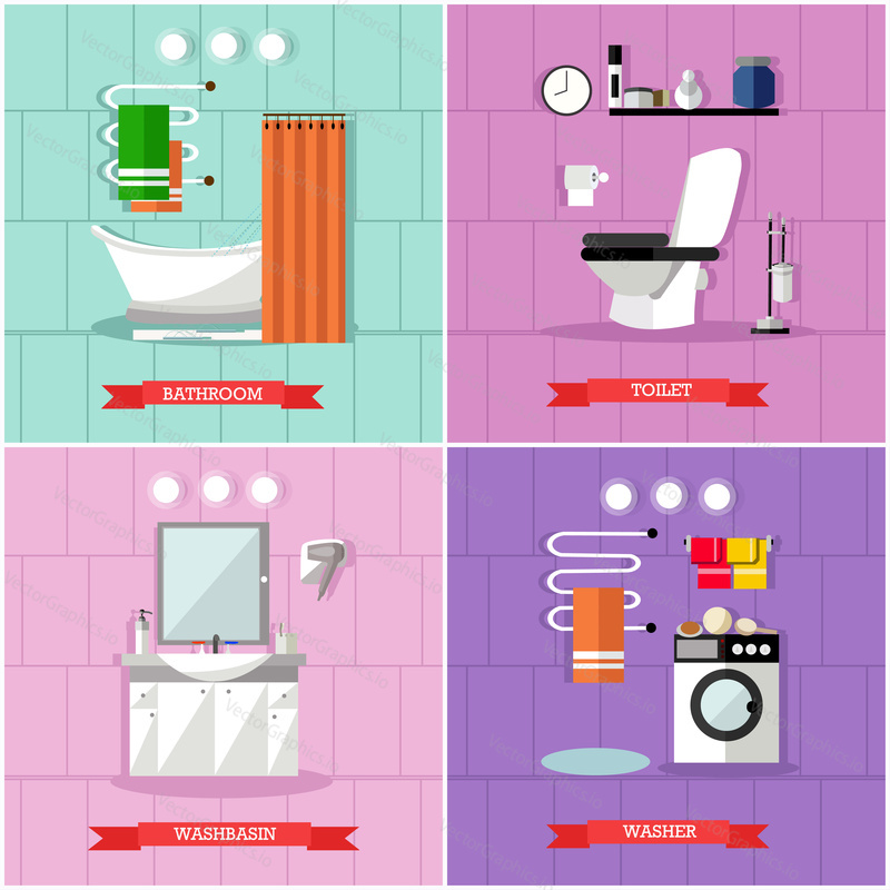 Vector set of posters, banners with bathroom furniture, bath, washbasin, washer, toilet and accessories in flat style.