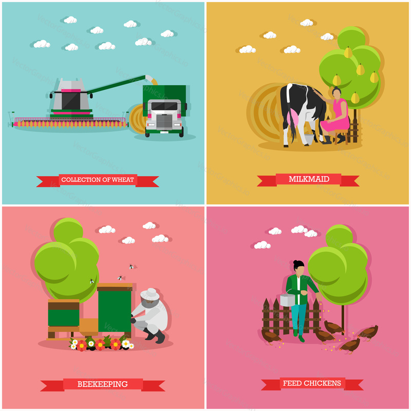 Vector set of farming and cattle breeding, beekeeping, harvesting. Village life and work. Flat design.