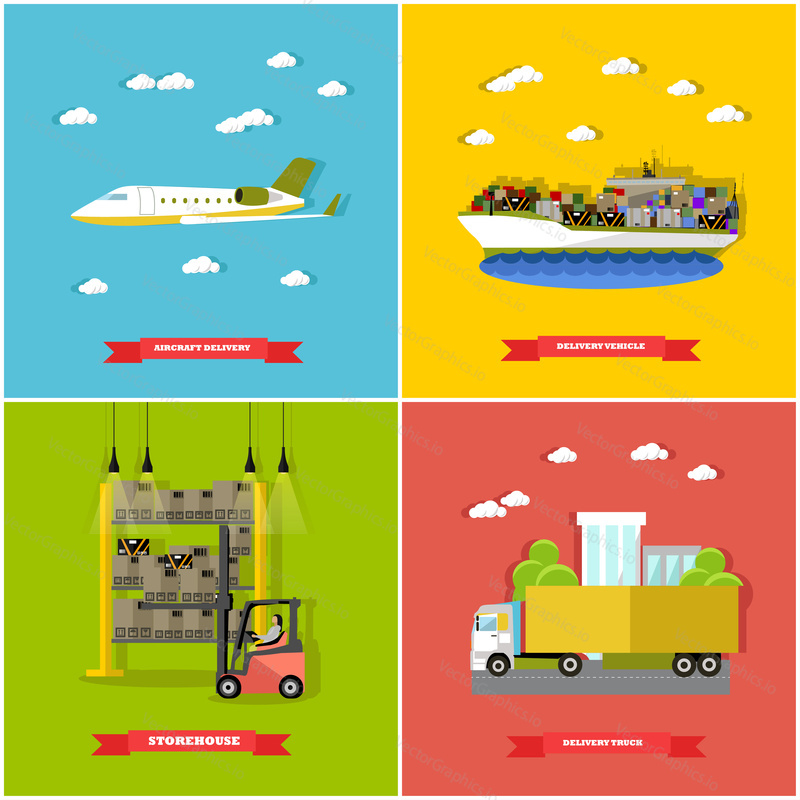 Vector set of delivery vehicle concept design elements in flat style. Delivery by plane, by ship, by truck. Removal of goods from warehouse by forklift. Logistics transportation.