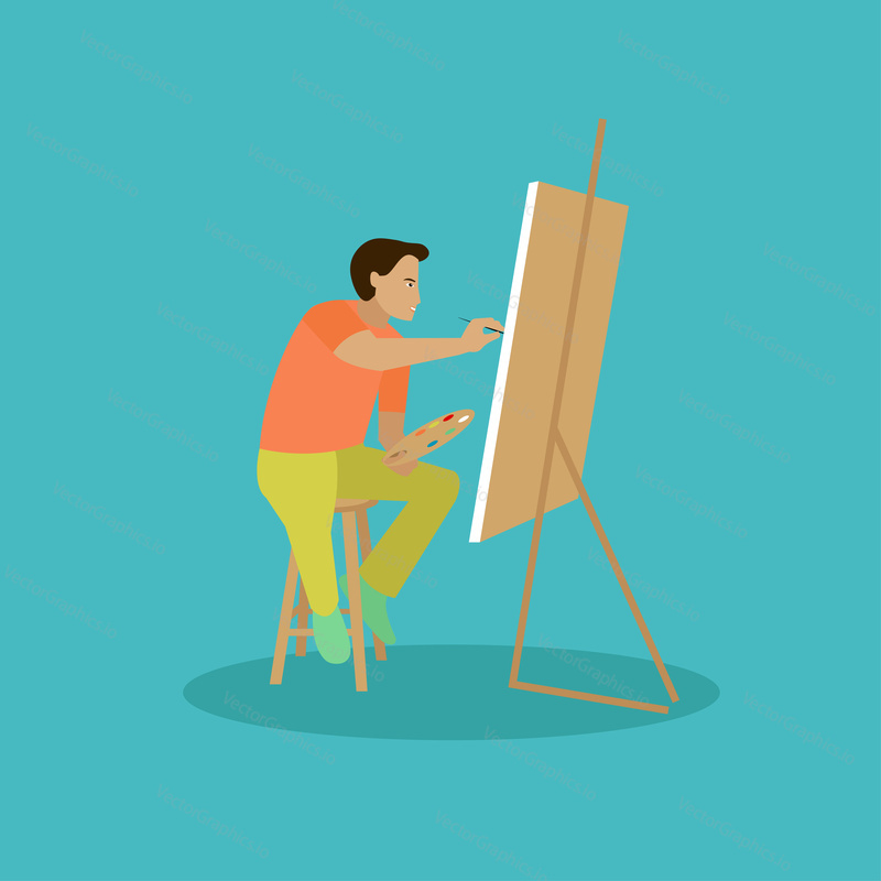Painter is working on his easel picture. Vector illustration.