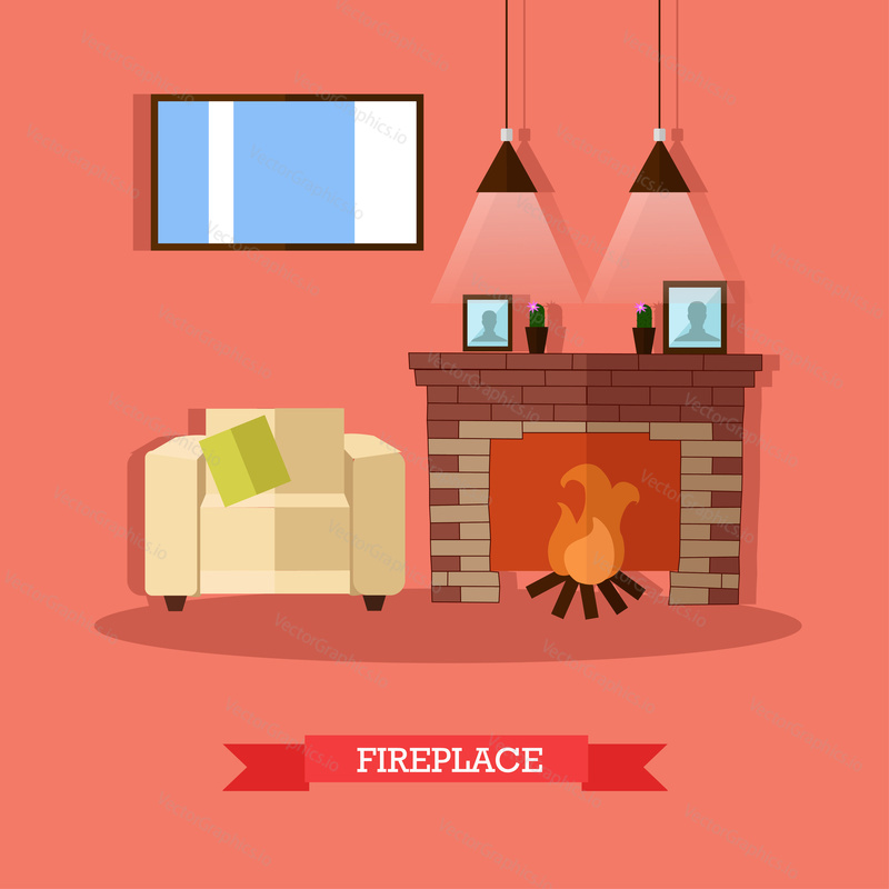 Vector illustration of fireplace in house. Home interior design element in flat style