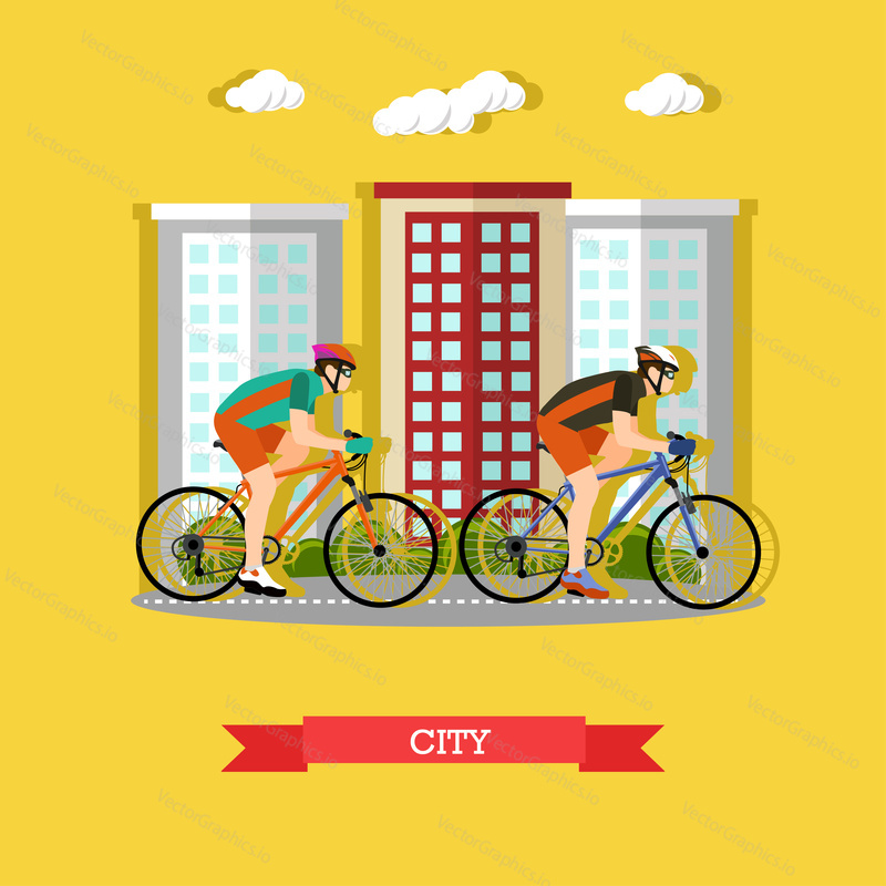 Vector illustration of two cyclists riding on bikes in the city. Sports equipment, helmet, gloves, glasses, sneakers and bicycles. City landscape. Flat design