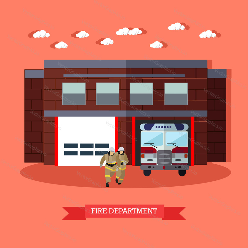 Vector illustration of Fire department in flat style. Fire service, running firefighters and fire truck. Red fire engine and firemen in uniform. Fire brigade. Resque service.