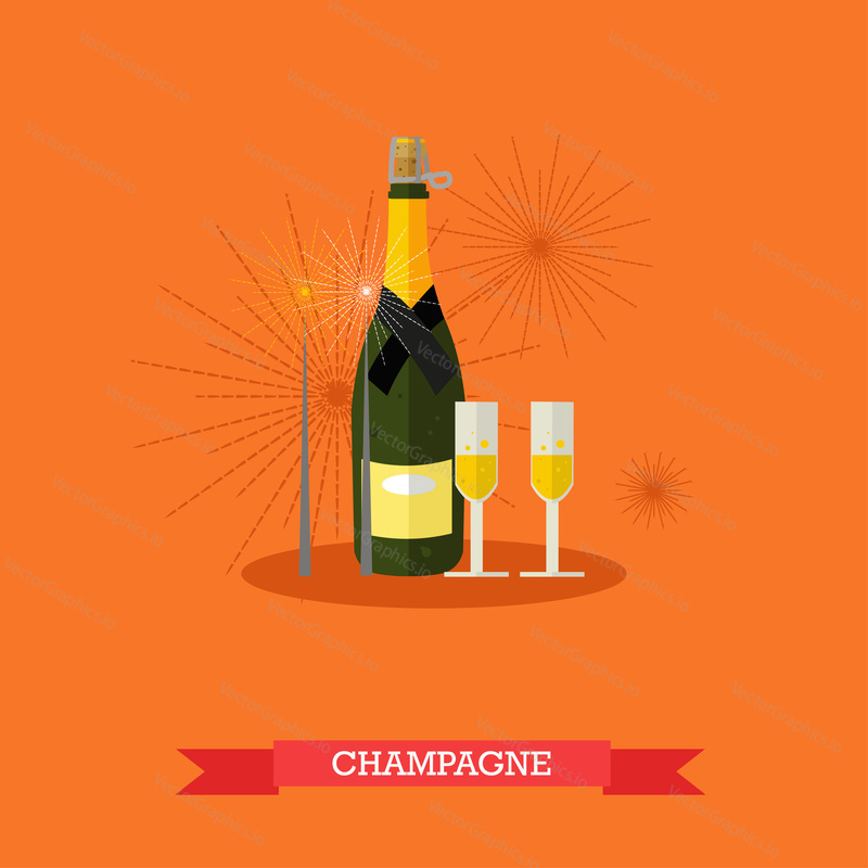 Vector illustration of champagne bottle and two glasses with sparkling drink. Two bengal fires near it. Popular alcoholic beverage for celebration. Flat design