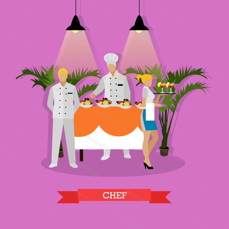 Vector illustration of restaurant kitchen interior in flat style. Chef, headwaiter and waitress holding tray with cocktails.