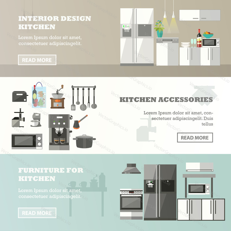 Vector set of horizontal banners with kitchen interior, accessories and furniture, place for text, flat style.