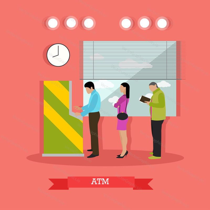 Vector illustration of ATM and people standing in queue for cash money in flat style. Automated teller machine, automatic cash terminal. Banking and finance concept design element in flat style