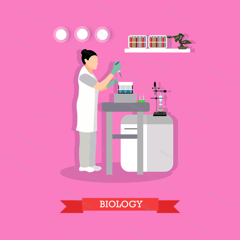 Biological research concept vector illustration in flat style. Biological laboratory interior. Biologist woman is working with laboratory glassware and equipment.