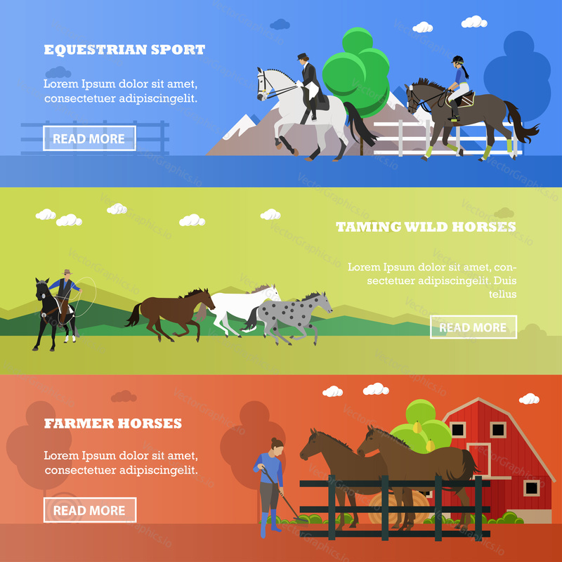 Set of horizontal banners of horses theme. Equestrian sport, taming wild horses, farmer horses. Vector illustration in flat design