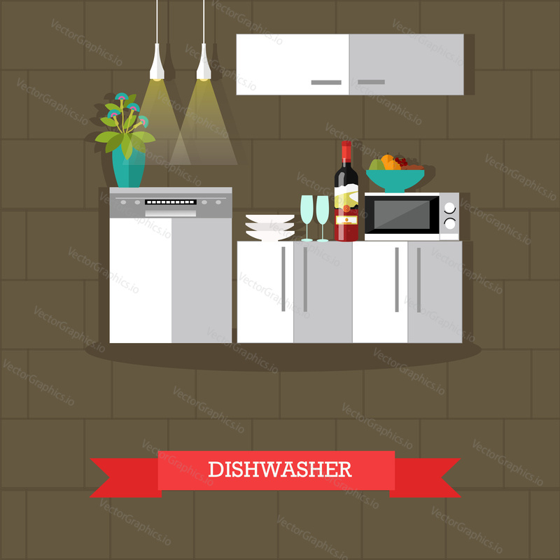 Vector illustration of dishwasher. Kitchen interior with furniture and appliances in flat style. Microwave, bottle of wine and bowl with fruits